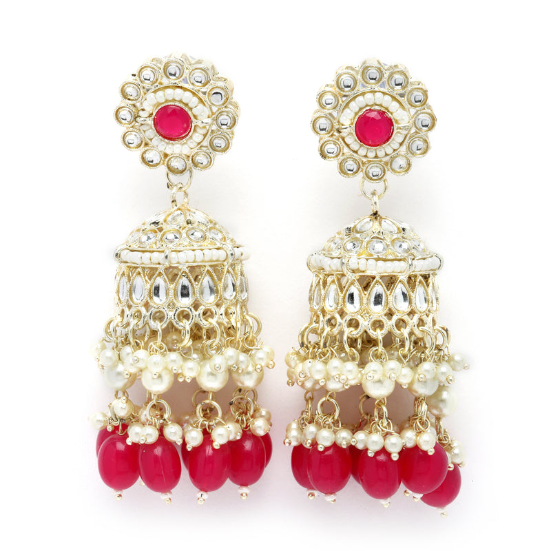 Gold-Plated Red Kundan & White Pearls studded Dome Shaped Vilandi Jhumka Earrings