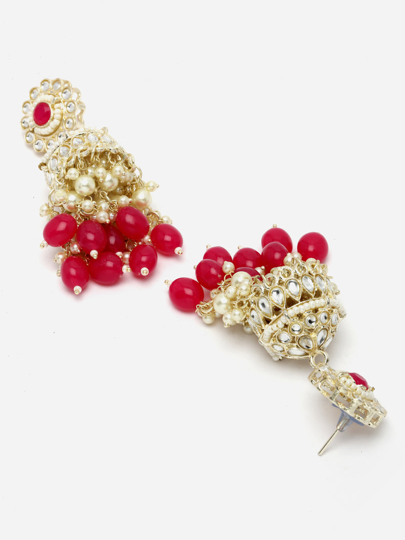 Gold-Plated Red Kundan & White Pearls studded Dome Shaped Vilandi Jhumka Earrings