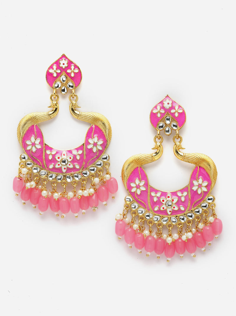 Gold-Plated Pink Kundan & White Pearls studded Peacock Shaped Handcrafted Drop Earrings