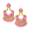 Gold-Plated Pink Kundan & White Pearls studded Peacock Shaped Handcrafted Drop Earrings