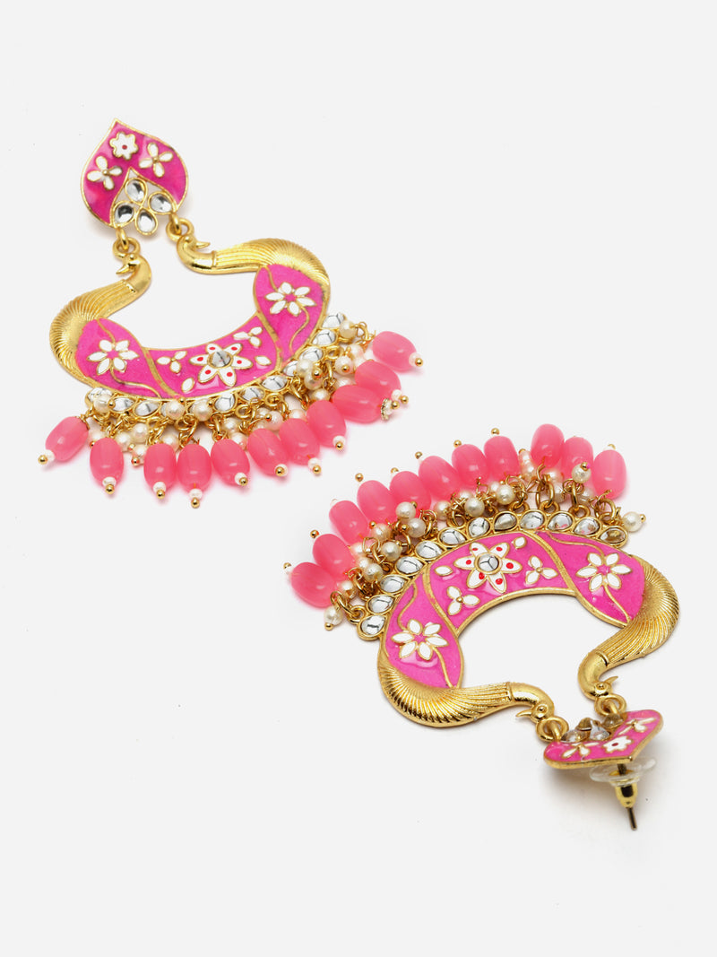 Gold-Plated Pink Kundan & White Pearls studded Peacock Shaped Handcrafted Drop Earrings