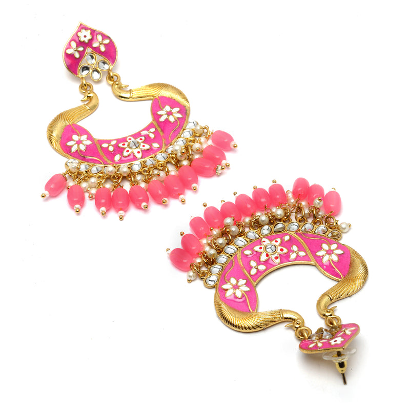 Gold-Plated Pink Kundan & White Pearls studded Peacock Shaped Handcrafted Drop Earrings