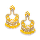 Gold-Plated Yellow Kundan & White Pearls studded Peacock Shaped Handcrafted Drop Earrings