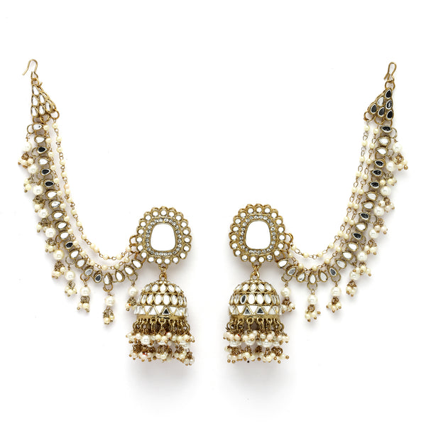 Oxidised Silver-Plated White Pearl studded Jhumka Earrings with Ear Chain