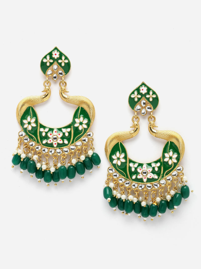 Gold-Plated Green Kundan & White Pearls studded Peacock Shaped Handcrafted Drop Earrings