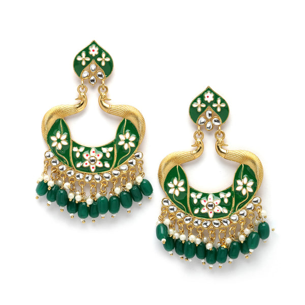 Gold-Plated Green Kundan & White Pearls studded Peacock Shaped Handcrafted Drop Earrings