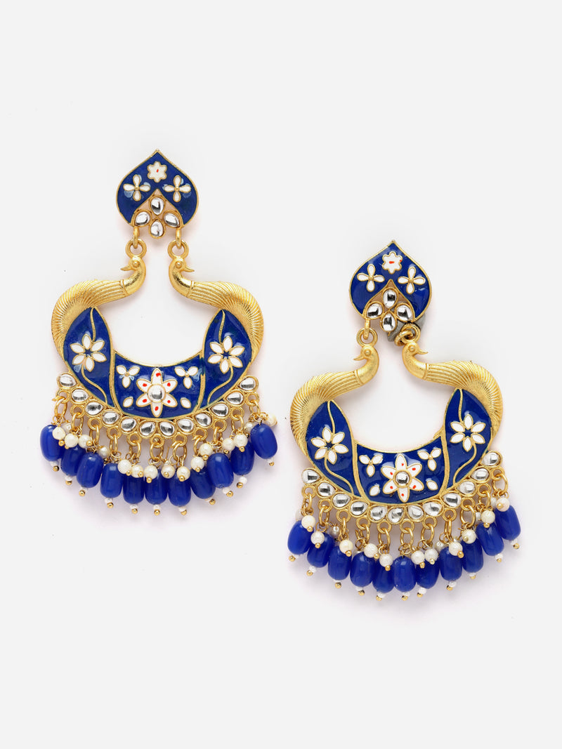 Gold-Plated Navy Blue Kundan & White Pearls studded Peacock Shaped Handcrafted Drop Earrings