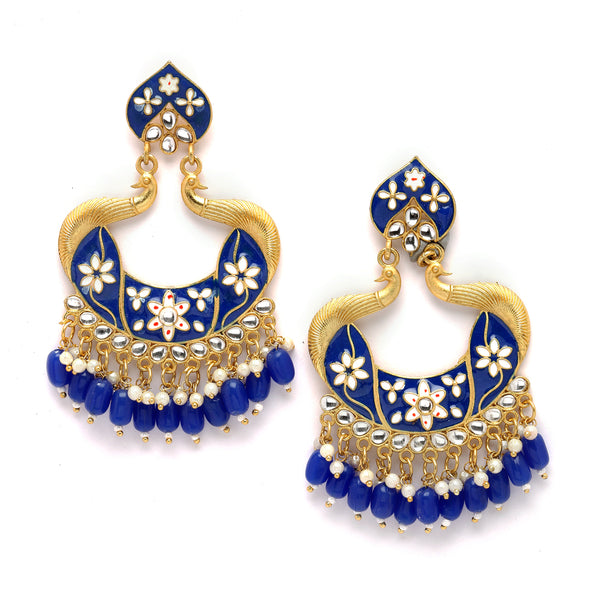 Gold-Plated Navy Blue Kundan & White Pearls studded Peacock Shaped Handcrafted Drop Earrings