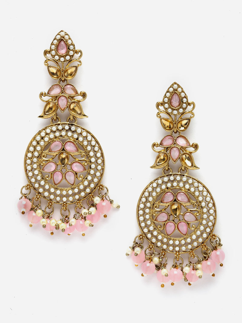 Gold-Plated Pink Kundan & White Pearls studded Antique Classic Drop Earrings