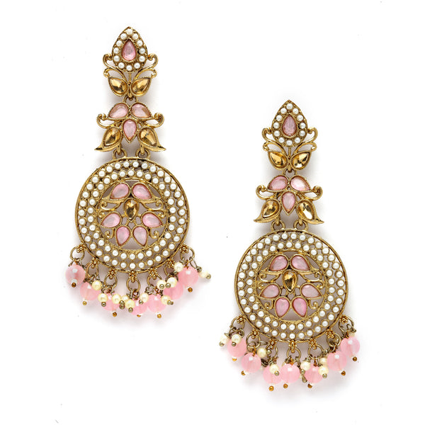 Gold-Plated Pink Kundan & White Pearls studded Antique Classic Drop Earrings