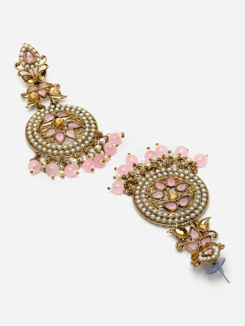 Gold-Plated Pink Kundan & White Pearls studded Antique Classic Drop Earrings