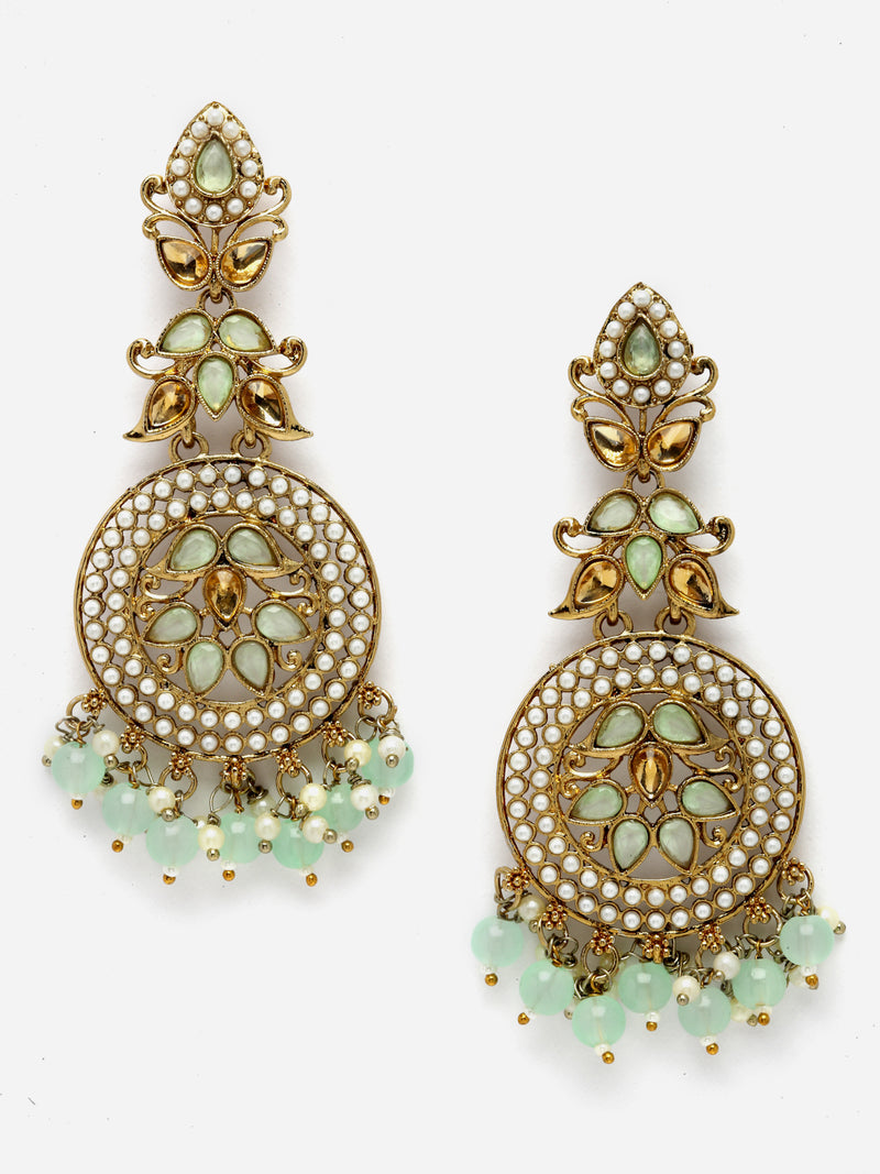 Gold-Plated Sea Green Kundan & White Pearls studded Antique Classic Drop Earrings