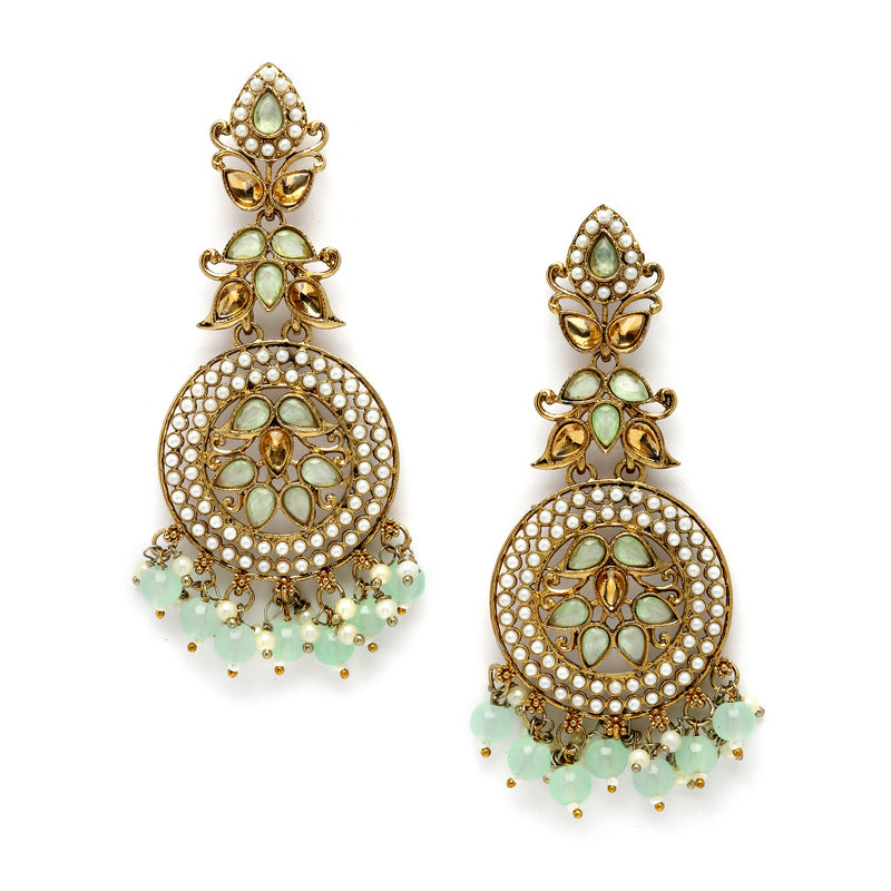 Gold-Plated Sea Green Kundan & White Pearls studded Antique Classic Drop Earrings