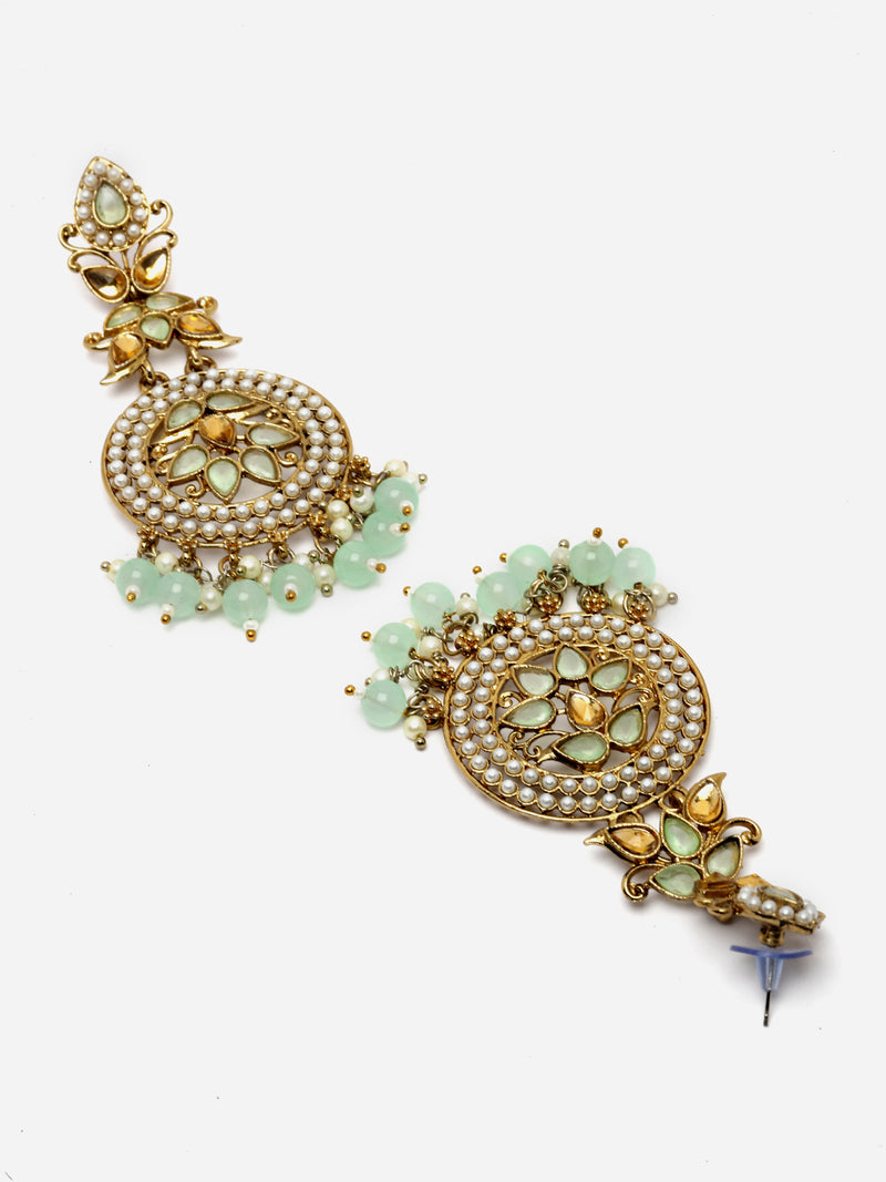 Gold-Plated Sea Green Kundan & White Pearls studded Antique Classic Drop Earrings