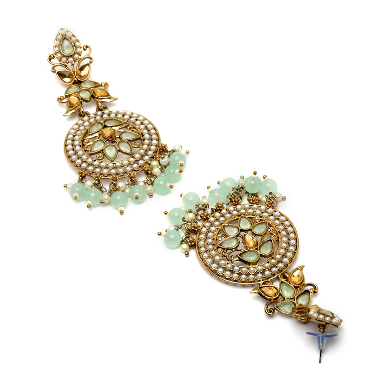 Gold-Plated Sea Green Kundan & White Pearls studded Antique Classic Drop Earrings