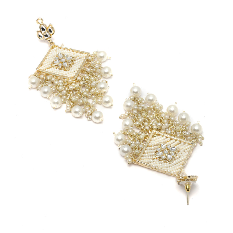 Gold-Plated White Kundan-Pearls studded Contemporary Tasselled Drop Earring