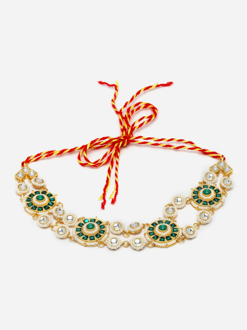 Gold-Plated Green & White Artificial Stones and Beads studded Matha Patti