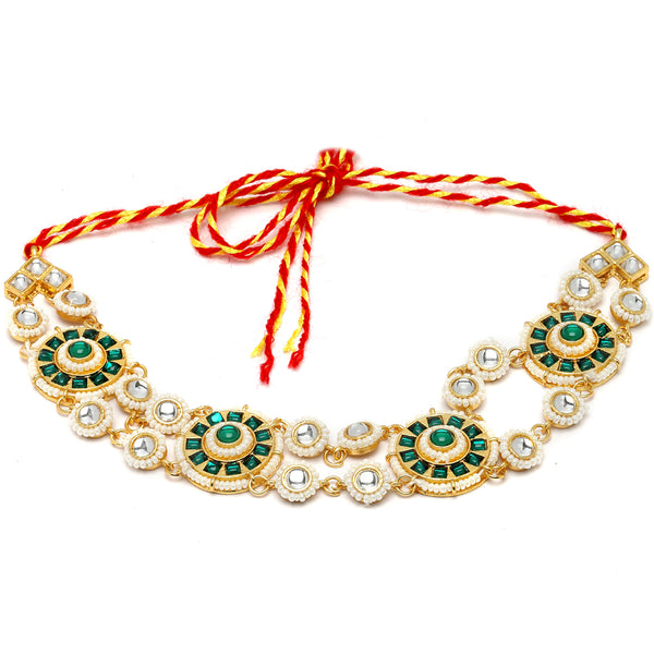 Gold-Plated Round Green Kundan & Pearl Mathapatti