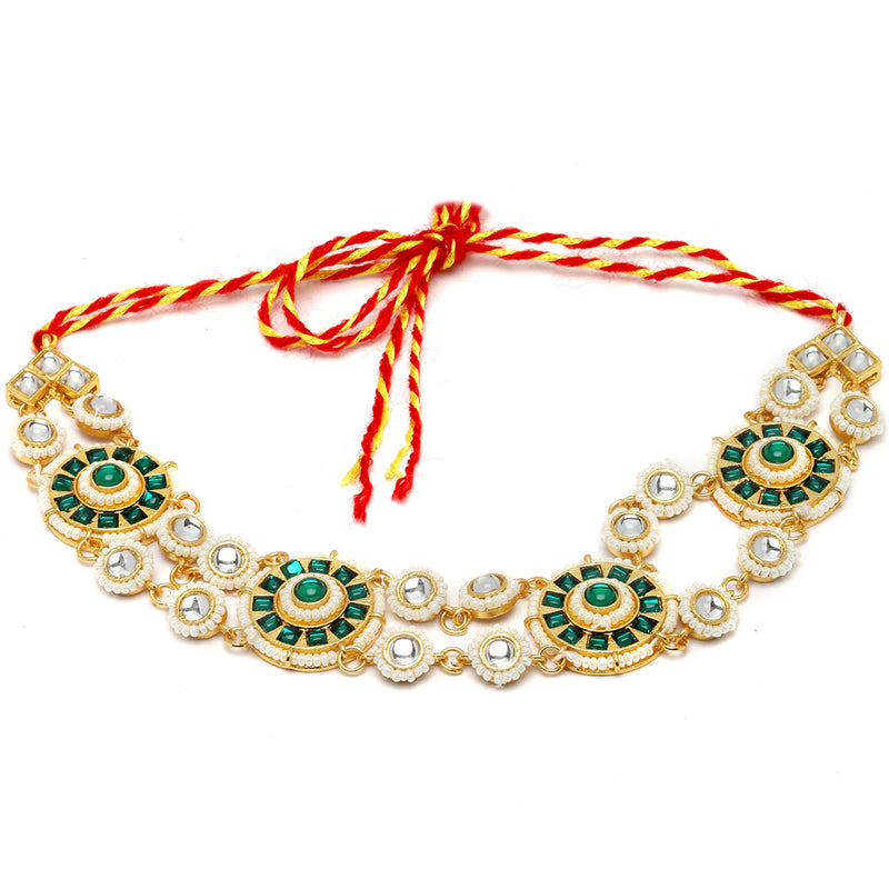 Gold-Plated Round Green Kundan & Pearl Mathapatti