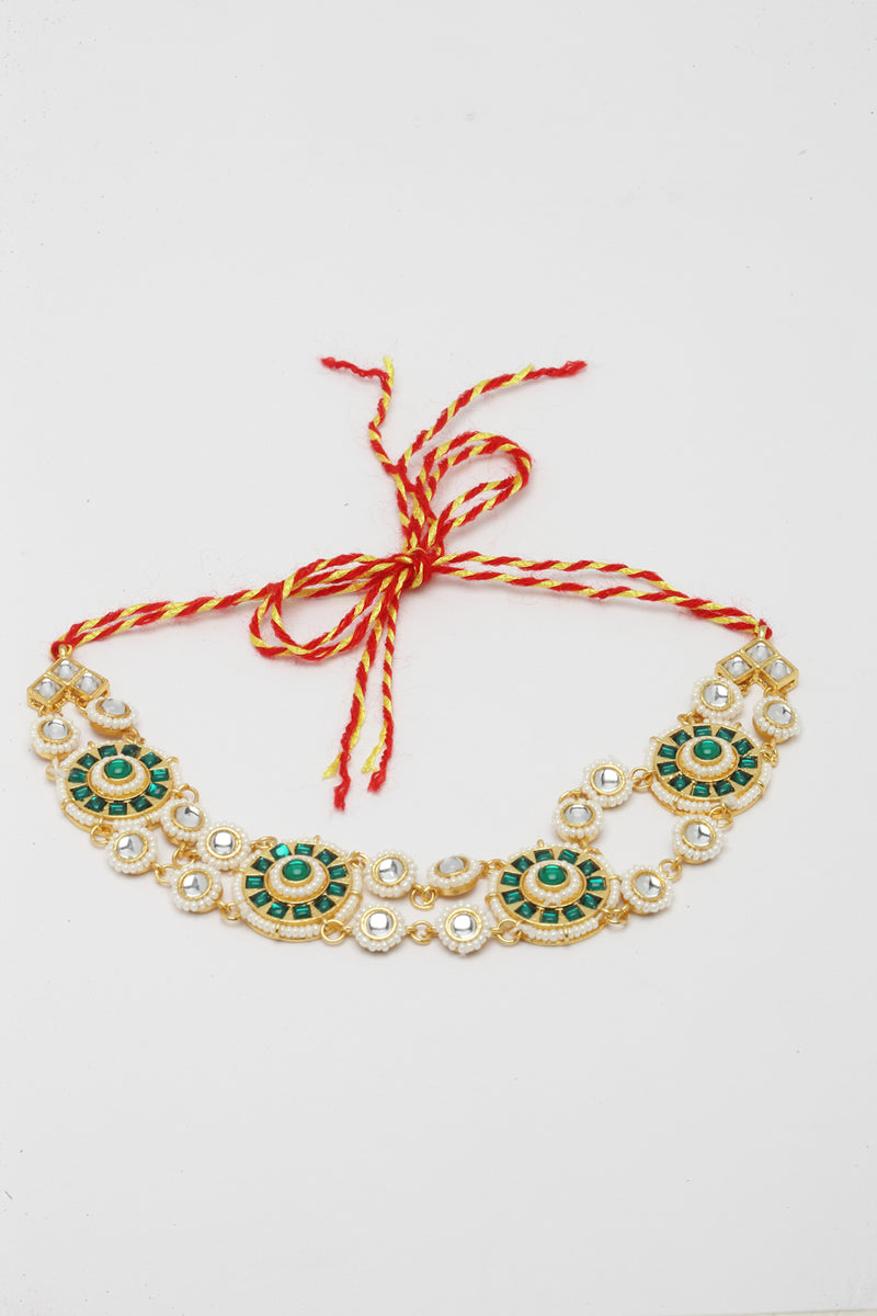 Gold-Plated Green & White Artificial Stones and Beads studded Matha Patti