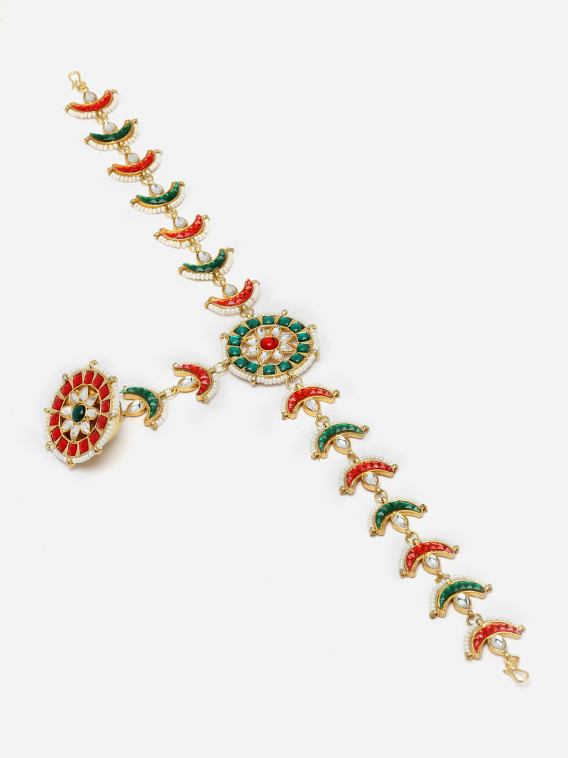 Gold-Plated White & Red Artificial Stones and Beads studded Borla Style Sheeshphool
