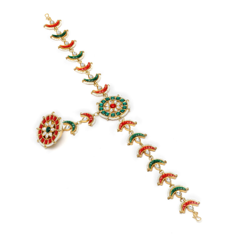Gold-Plated White & Red Stones and Beads studded Borla Style Sheeshphool
