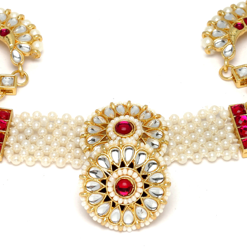 Gold-Plated Red & White Kundan studded Borla Style Sheeshphool