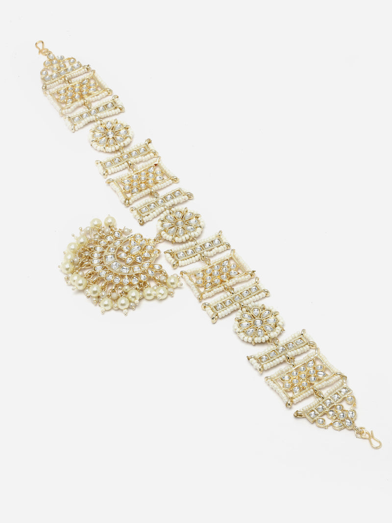 Gold-Plated White Kundan studded Vilandi Crescent Shaped Sheeshphool