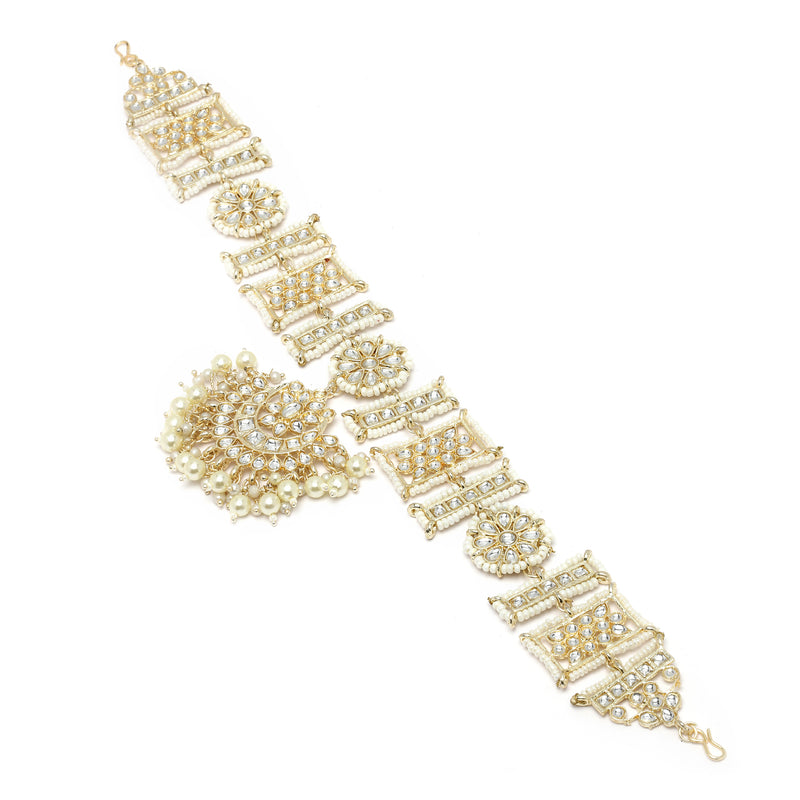 Gold-Plated White Kundan studded Crescent Shaped Sheeshphool