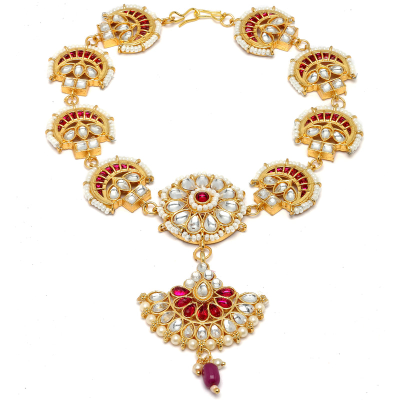 Gold-Plated Red Kundan studded Crescent Shaped Sheeshphool