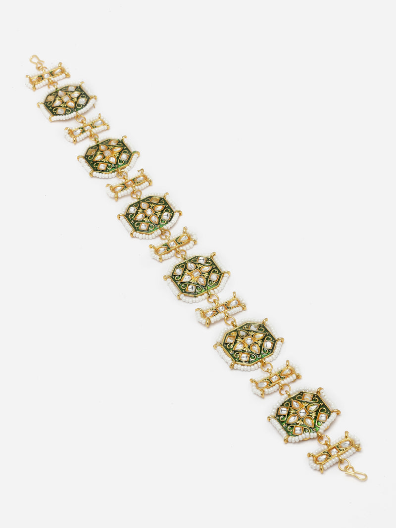 Gold-Plated Green & White Artificial Stones and Beads studded Borla Style Matha Patti