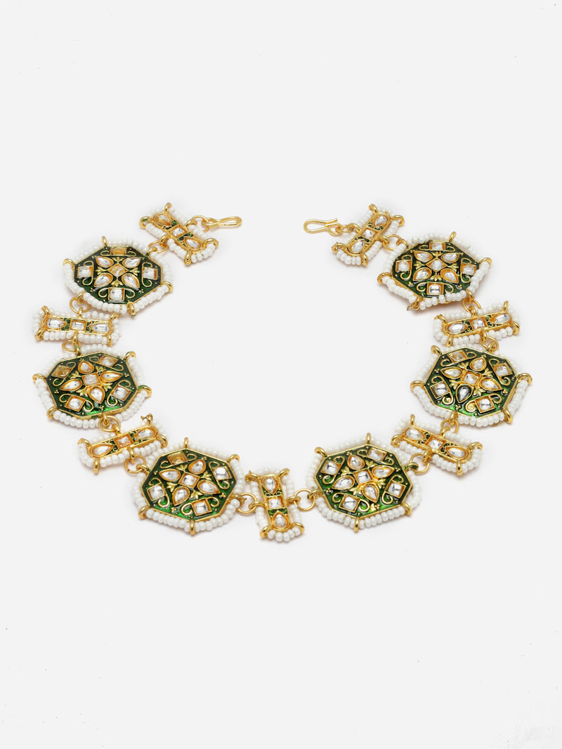 Gold-Plated Green & White Artificial Stones and Beads studded Borla Style Matha Patti