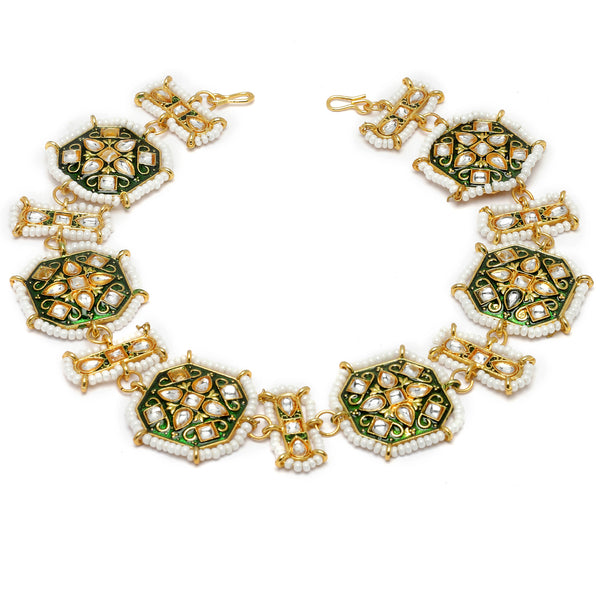 Gold-Plated Green Kundan Studded Hexagonal MathaPatti