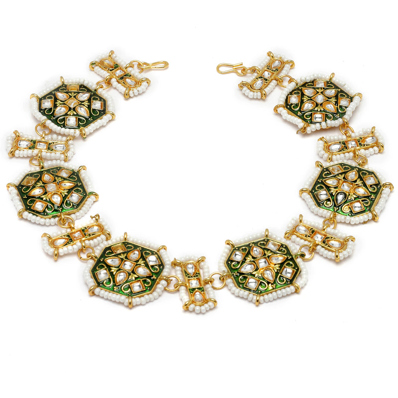 Gold-Plated Green Kundan Studded Hexagonal MathaPatti