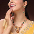 Traditional Gold Plated Lotus Shaped Pink & Blue Stone Studded & Pearl Beaded Jewellery Set