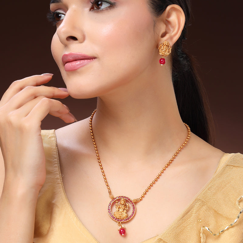 Traditional Gold Plated Temple Coin Pink Cz Studded Pendant Jewellery Set