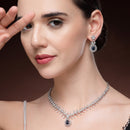 Rhodium Plated Silver Toned Teardrop Shaped Navy Blue & White American Diamond Studded Jewellery Set