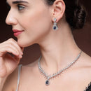 Rhodium Plated Silver Toned Teardrop Shaped Navy Blue & White American Diamond Studded Jewellery Set