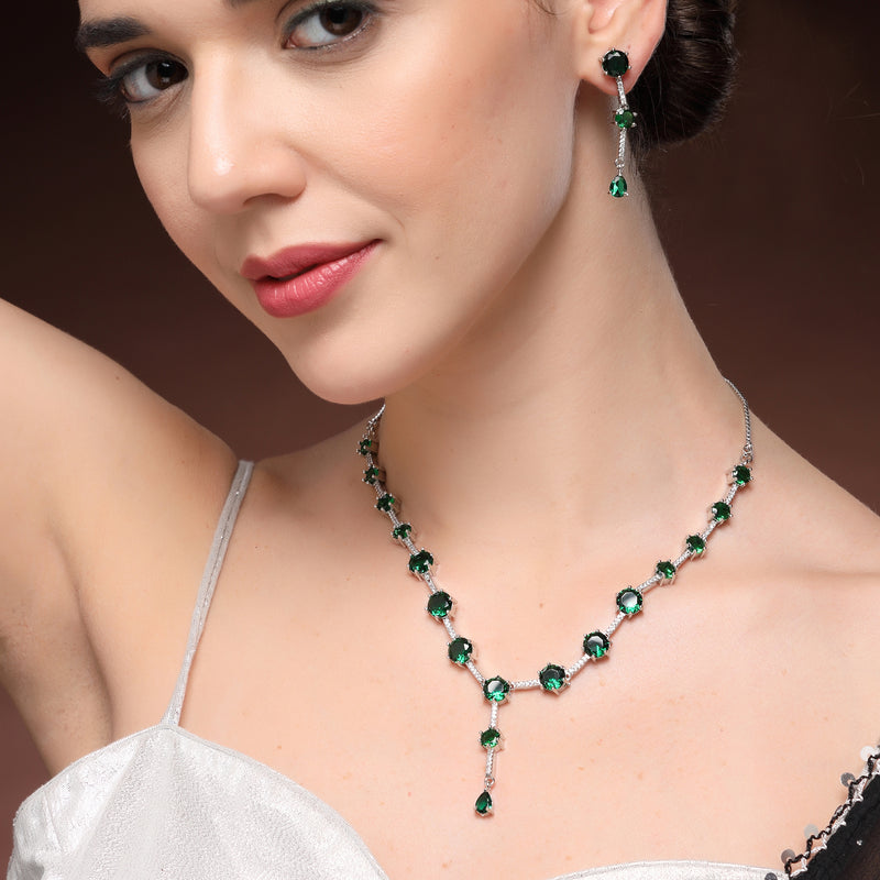 Rhodium Plated Silver Toned Circle Shaped Green American Diamond Studded Jewellery Set