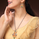 Oxidised Gold Plated Deer Shaped Green Stone Studded & Pearl Beaded Pendant Jewellery Set