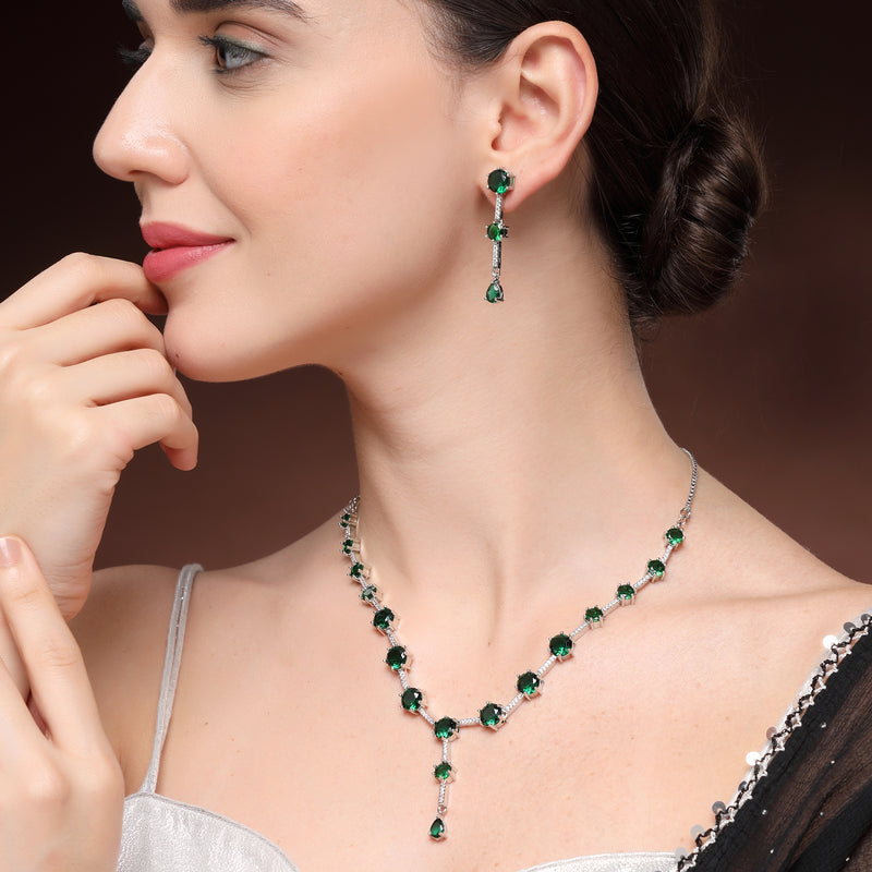 Rhodium Plated Silver Toned Circle Shaped Green American Diamond Studded Jewellery Set