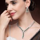 Rhodium Plated Silver Toned Leaf Shaped Green & White American Diamond Studded Necklace With Earrings Jewellery Set