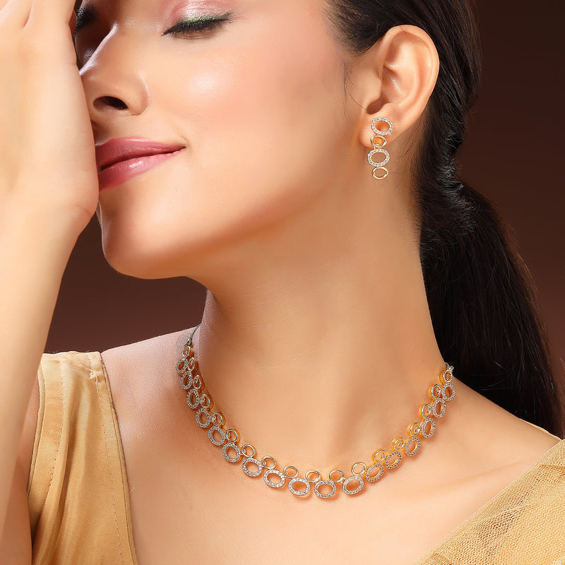 Gold Plated Oval Shaped White American Diamond Studded Jewellery Set