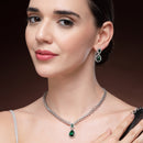 Rhodium Plated Silver Toned Teardrop Shaped Green & White American Diamond Studded Jewellery Set