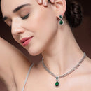 Rhodium Plated Silver Toned Teardrop Shaped Green & White American Diamond Studded Jewellery Set