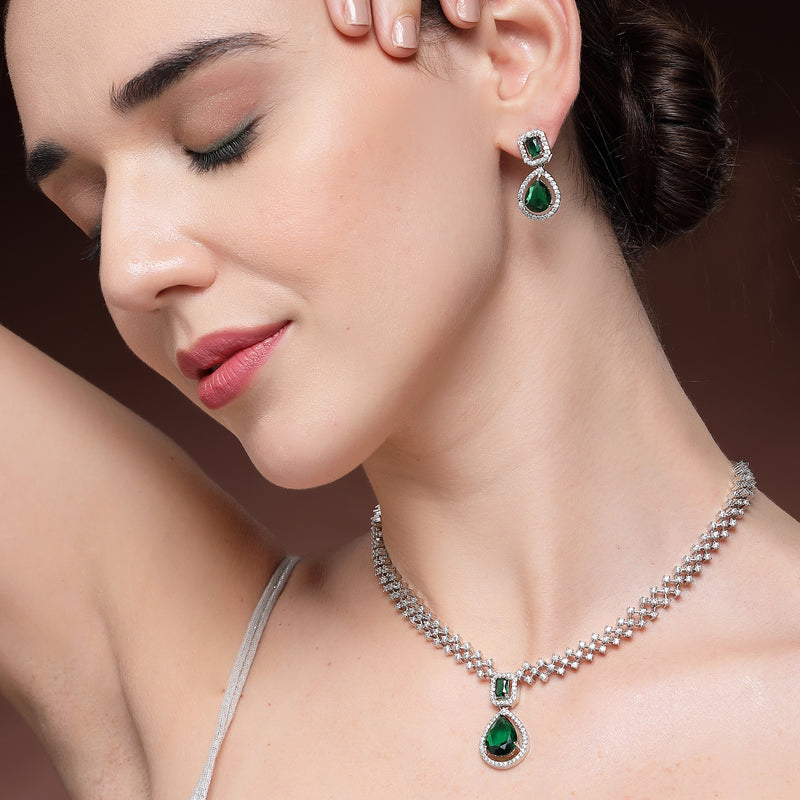 Rhodium Plated Silver Toned Teardrop Shaped Green & White American Diamond Studded Jewellery Set