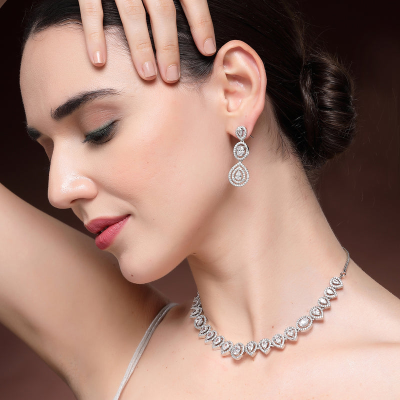 Rhodium Plated Silver Toned Teardrop Shaped White American Diamond Studded Jewellery Set