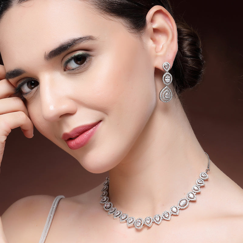 Rhodium Plated Silver Toned Teardrop Shaped White American Diamond Studded Jewellery Set