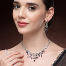 Rhodium Plated Silver Toned Teardrop Shaped Blue & White American Diamond Studded Jewellery Set