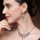 Rhodium Plated Silver Toned Teardrop Shaped Blue & White American Diamond Studded Jewellery Set